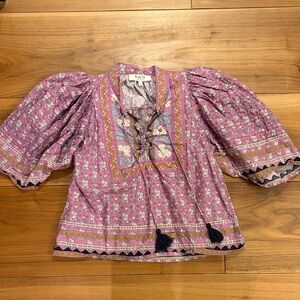 Sea New York Pink Floral Embroidered Peasant Blouse with Tassel Ties